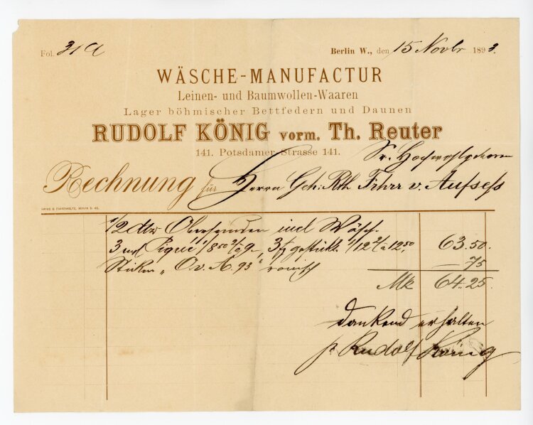 Rechnung - Rudolf König, vorm. Th. Reuter, Wäschemanufaktur  - von Aufsess (Berl