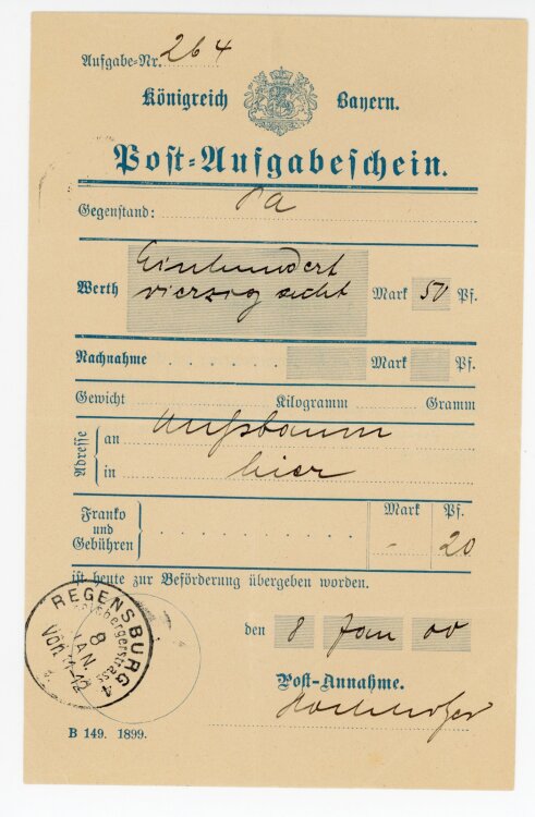 Rechnung -  von Aufsess (Regensburg) - 08.01.1900