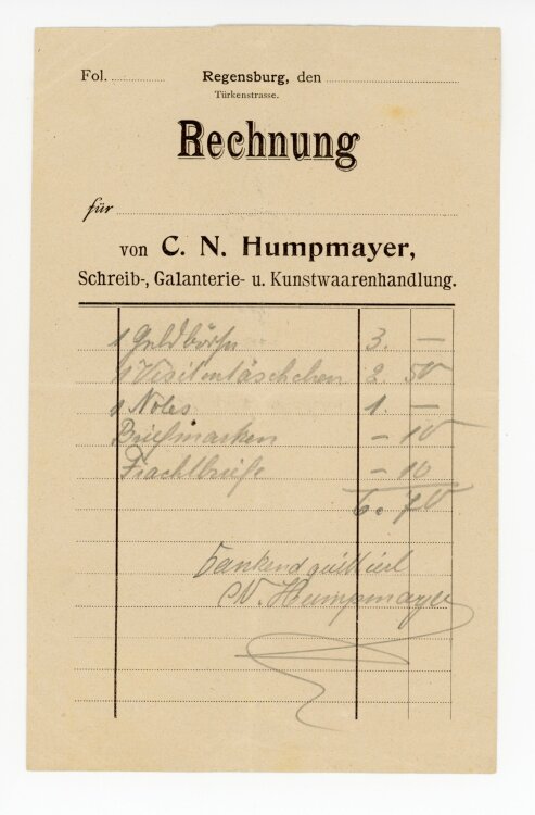 Rechnung - C. N. Humpmayer  - von Aufsess (Regensburg) -...