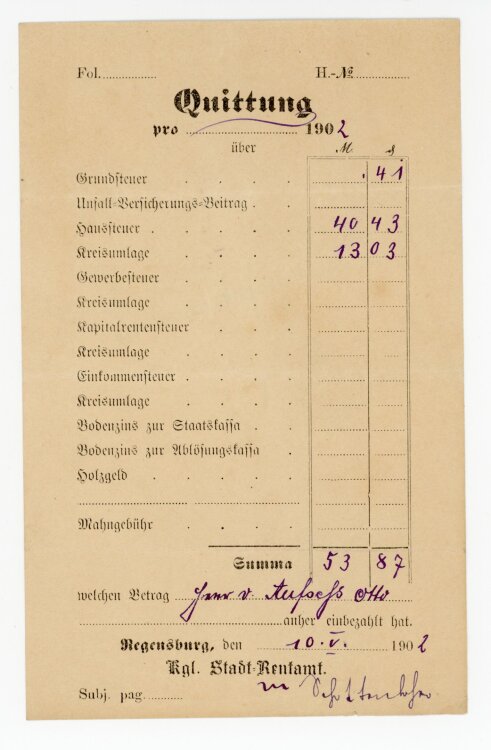 Rechnung -  von Aufsess (Regensburg) - 10.05.1902