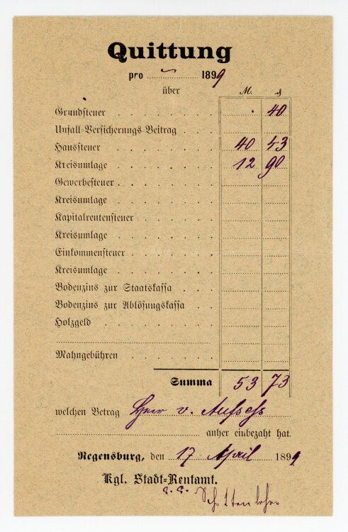 Rechnung - Stadt-Rentamt  - von Aufsess (Regensburg) - 17.04.1899