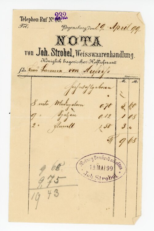 Rechnung - Joh. Strobel, Weisswarenhandlung  - von Aufsess (Regensburg) - 29.04.