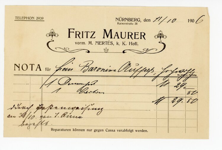 Rechnung - Fritz Maurer  - Fritz Maurer (Nürnberg) -...