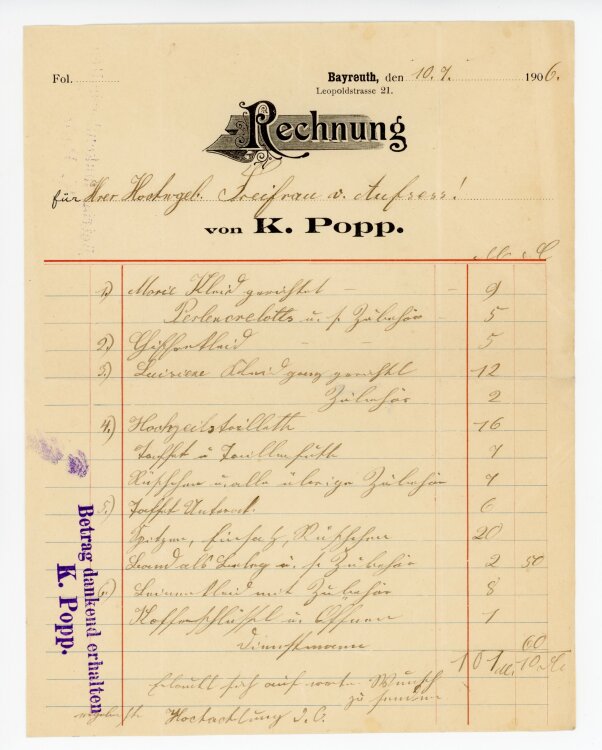 Rechnung - K. Popp  - von Aufsess (Bayreuth) - 10.07.1906