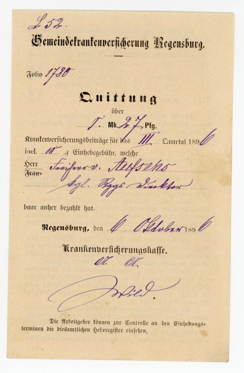 Rechnung - Gemeindekrankenversicherung  - von Aufsess (Regensburg) - 06.10.1896