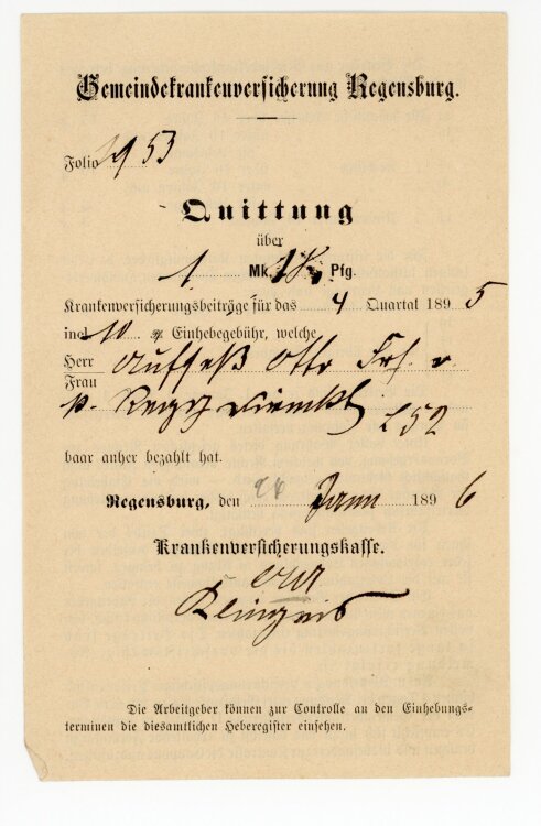 Rechnung - Gemeindekrankenversicherung  - von Aufsess (Regensburg) - Januar 1896