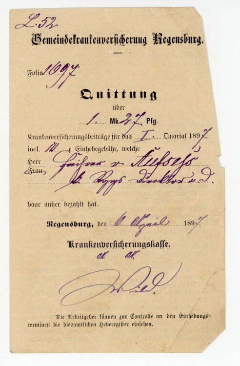 Rechnung -  von Aufsess (Regensburg) - 06.04.1897