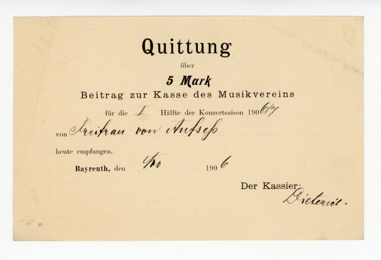 Rechnung - Musikverein  - von Aufsess (Bayreuth) - 1906