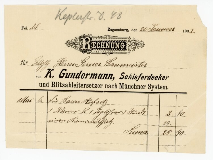 Rechnung - von Aufsess (Regensburg) - 20.01.1902
