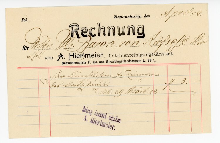Rechnung - von Aufsess (Regensburg) - April 1902