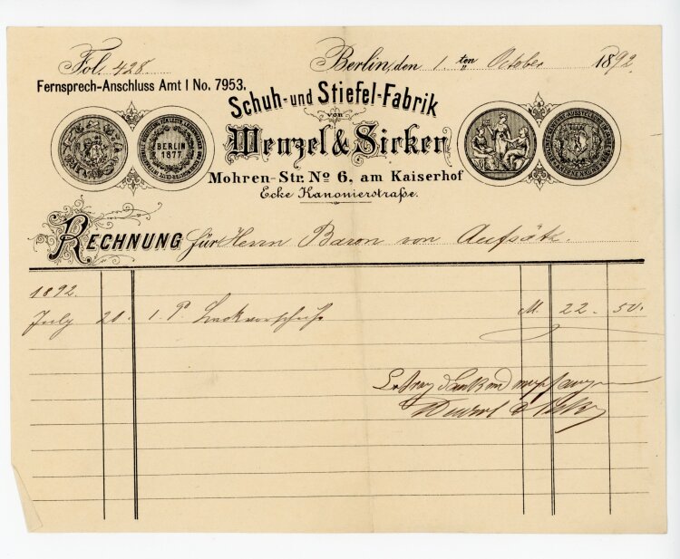 Rechnung - Menzel & Sirken, Schuh - und Stiefel-Fabrik (Berlin) -   01.10.1892