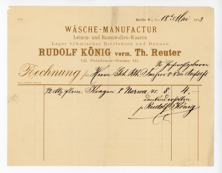 Rechnung - Rudolf König, Wäsche Manufactur (Berlin W.) -   18.05.1893