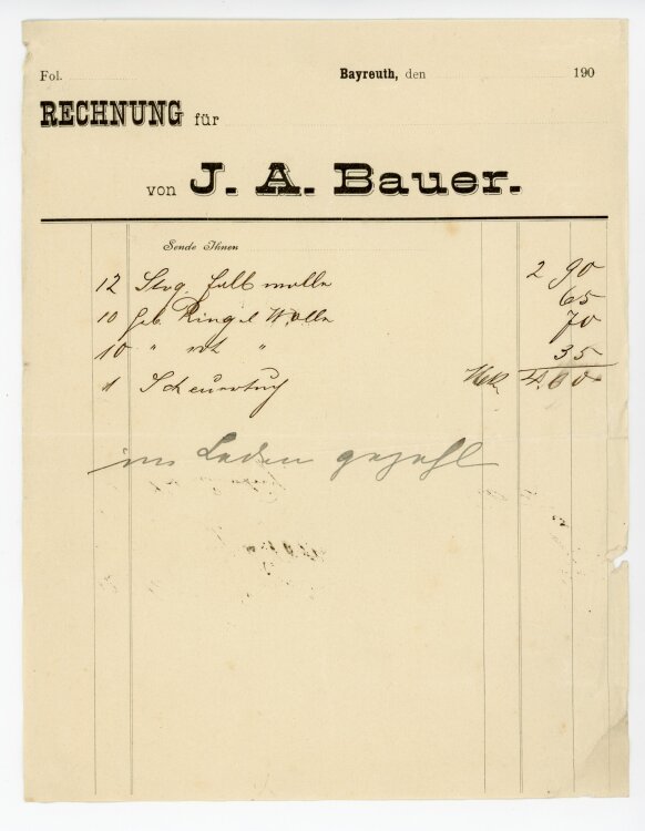 Rechnung - J. A. Bauer (Bayreuth)