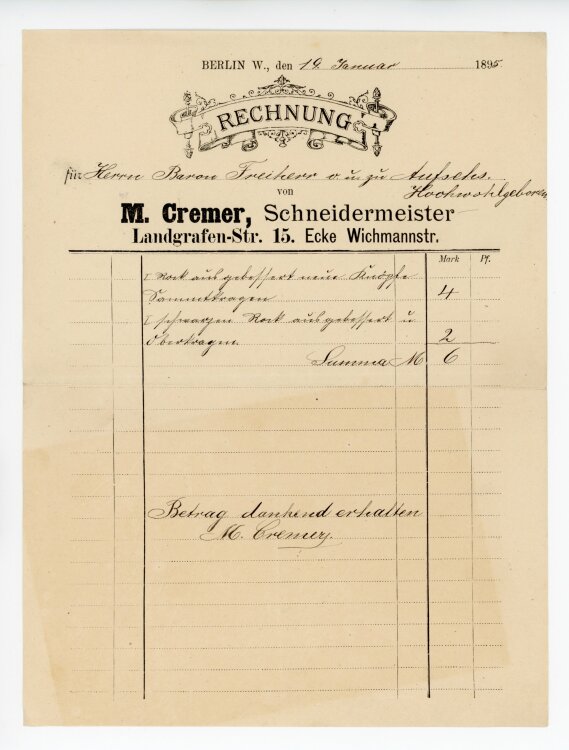 Rechnung - M. Cremer, Schneidermeister (Berlin) -  (Berlin) - 19. 01.1895