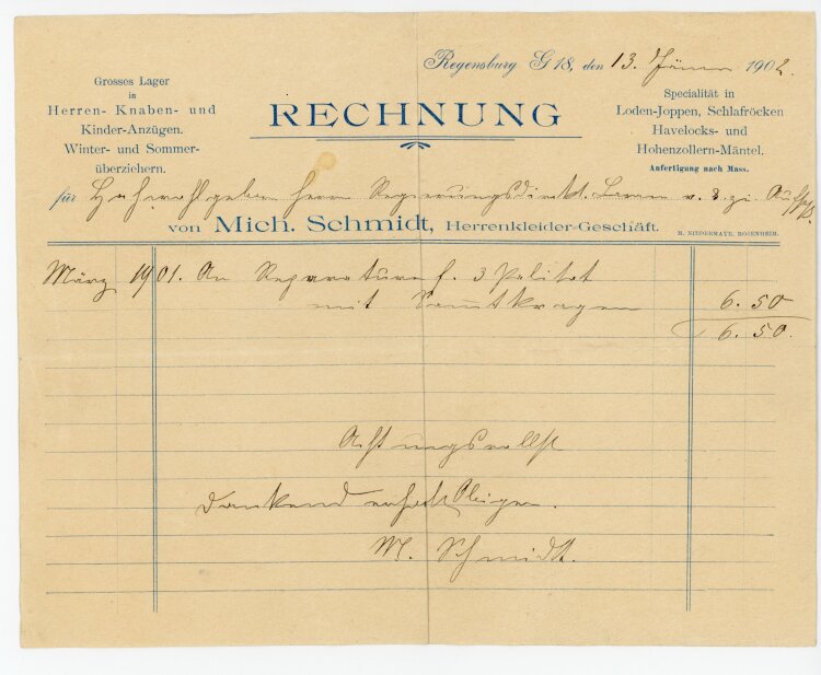 Rechnung - Mich. Schmidt, herrenkleider-Geschäft (Regensburg) -   13.01.1902