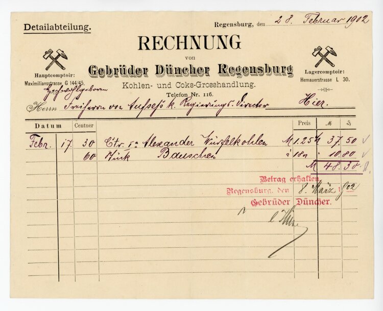 Rechnung - Gebrüder Düncher (Regensburg) -  (Regensburg) - 28.02.1902