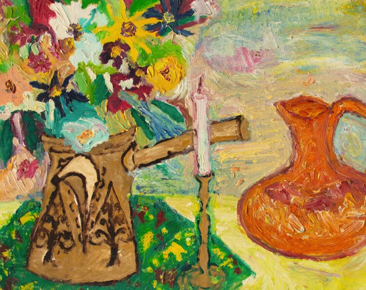 Unbekannt - Blumenstillleben mit Kerze - Ölmalerei - o.J.