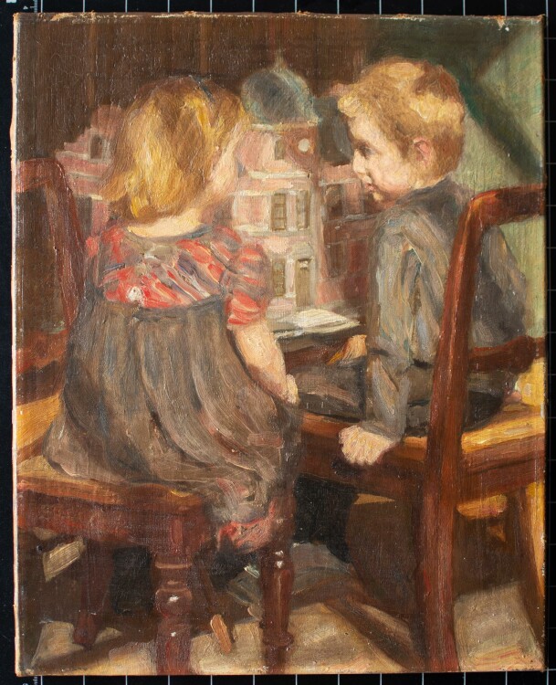 Unleserlich signiert - Kinder mit Puppenhaus - Ölmalerei - um 1900