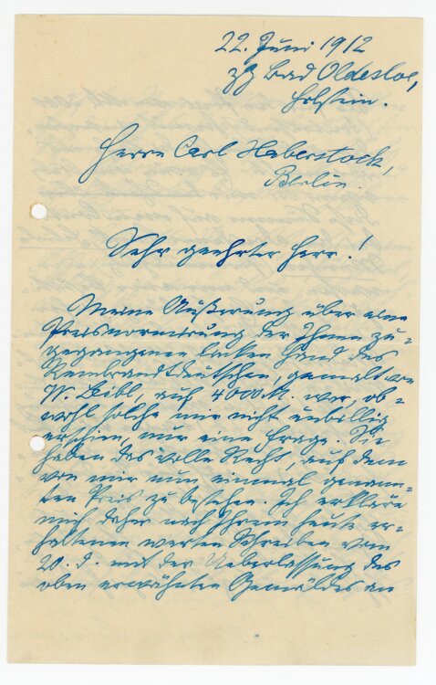 Brief von Momme Nissen an Carl Haberstock - 22.6.1912