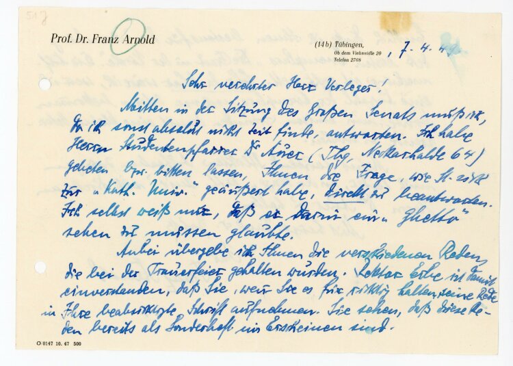 Brief von Prof. Franz Arnold an Karl Borromäus Glock - 7.4.1949