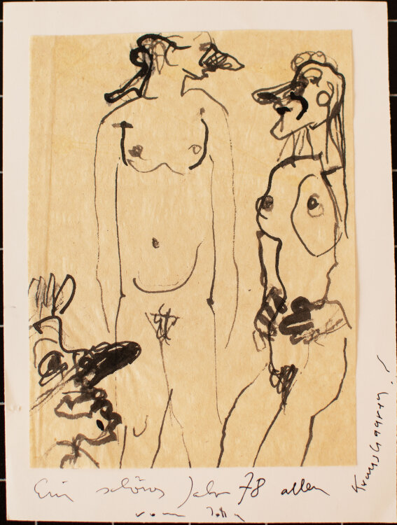 Joachim John - Neujahrsgruß mit zwei weiblichen Akten - Zeichnung - 1978