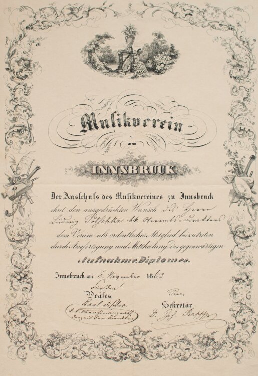 Musikverein zu Innsbruck - Aufnahmediplom (Urkunde) für Ludwig Potschka - 1862