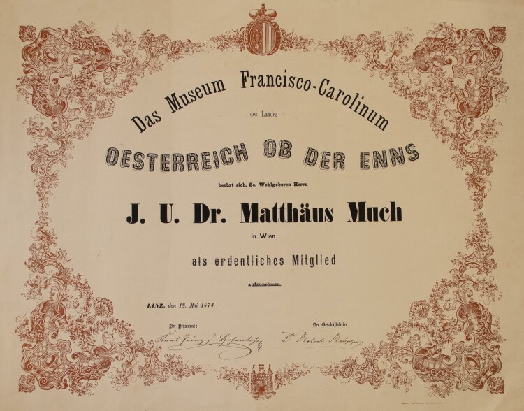 Das Museum Francisco-Carolinum - Mitgliedschaftsurkunde - Matthäus Much - 1874