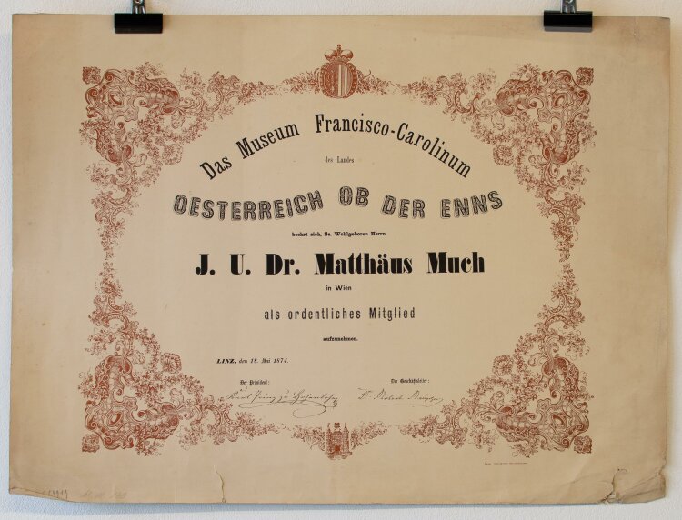 Das Museum Francisco-Carolinum - Mitgliedschaftsurkunde - Matthäus Much - 1874