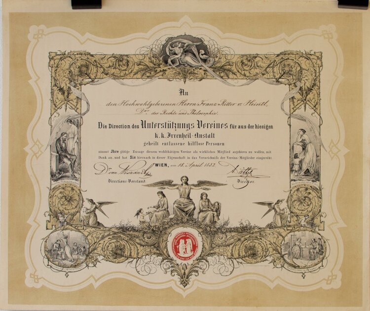 Unterstützungsverein - Aufnahmeurkunde - Franz Ritter von Heintl