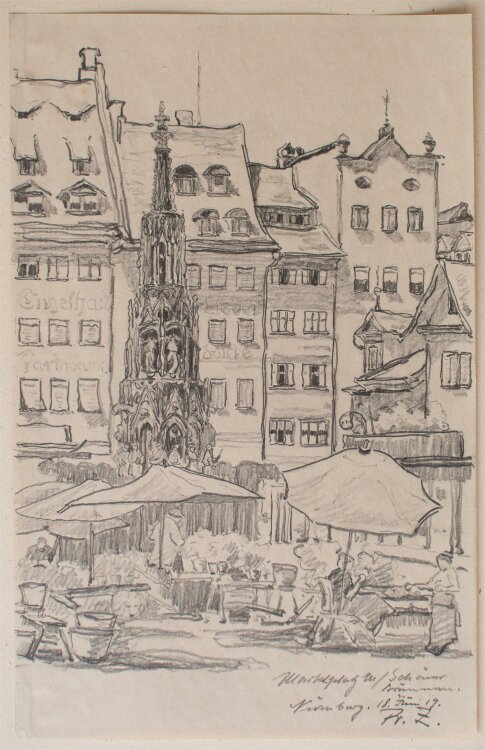 Fritz Zalisz - Schöne Brunnen, Nürnberg - Bleistift - 1919