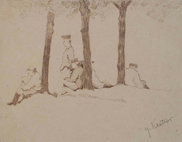 Gustav Kastner - Offiziere unter einem Baum - Farbstiftzeichnung - um 1914