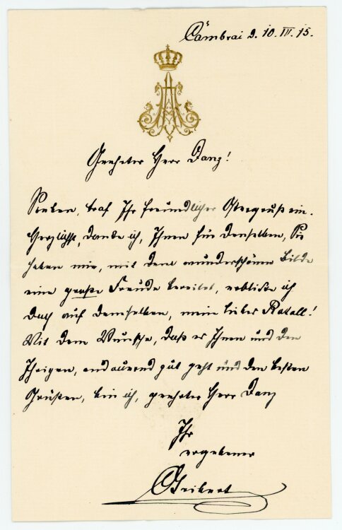Brief (Feldpost) von Prinz Aribert von Anhalt an Wilhelm Danz - 10.4.1915