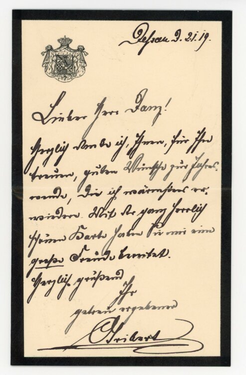 Brief von Prinz Aribert von Anhalt an Wilhelm Danz - 2.1.1919