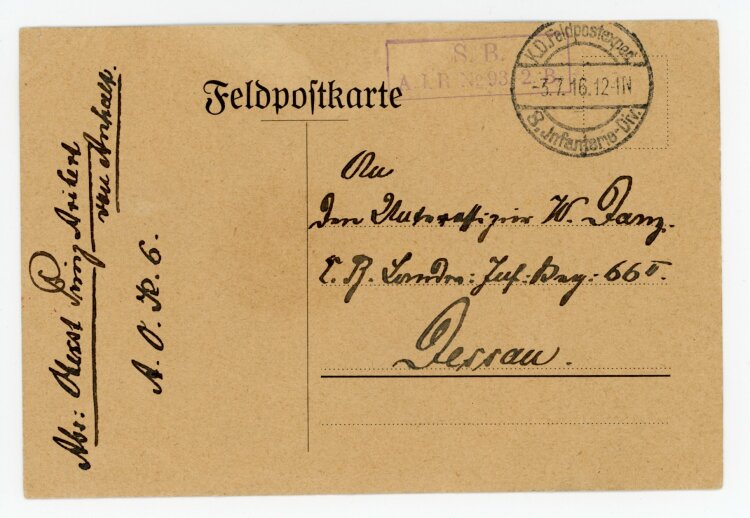 Brief (Feldpost) von Prinz Aribert von Anhalt an Wilhelm Danz - 3.7.1916