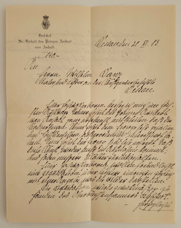 Brief des Hofchefs des Prinzen Aribert v on Anhalt von Kries an Wilhelm Danz - 21.11.1913