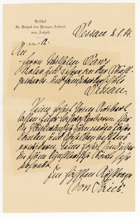 Brief des Hofchefs des Prinzen Aribert v on Anhalt von Kries an Wilhelm Danzz - 2.1.1914
