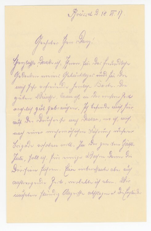 Brief (Feldpost) von Prinz Aribert von Anhalt an Wilhelm Danz - 18.7.1917