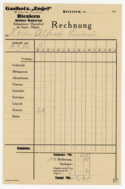 Gasthof zum Engel (Riezlern) - Rechnung an Alfred Lindner (Riezlern) - 13.2.1932