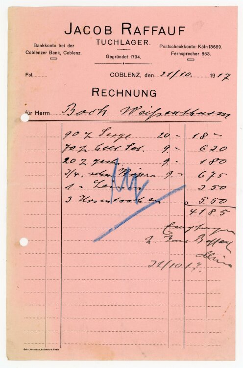 Jacob Raffauf Tuchlager (Koblenz) - Rechnung an Bock Bierbrauerei  - 31.10.1917