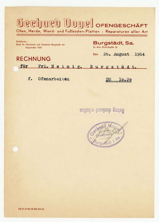 Vogel Ofengeschäft (Burgstädt Sachsen) - Rechnung an Frl. Heinig- 26.8.1964