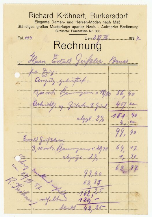 Kröhnert Maßschneider (Burkersdorf) - Rechnung an Bauer E. Geißler - 28.3.37