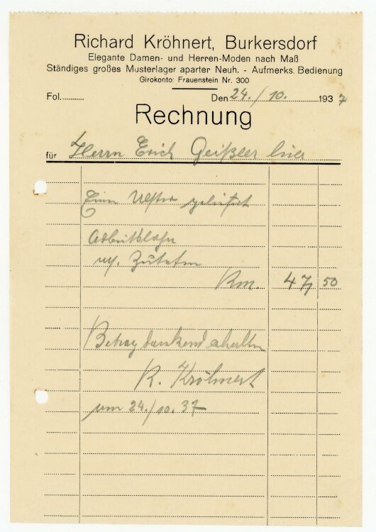 Richard Kröhnert Maßschneider (Burkersdorf) - Rechnung an E. Geißler - 24.10.37