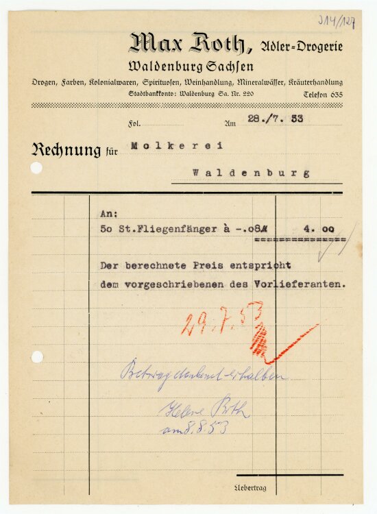 Max Roth Adler Drogerie (Waldenburg) - Rechnung an Molkerei - 28.7.53