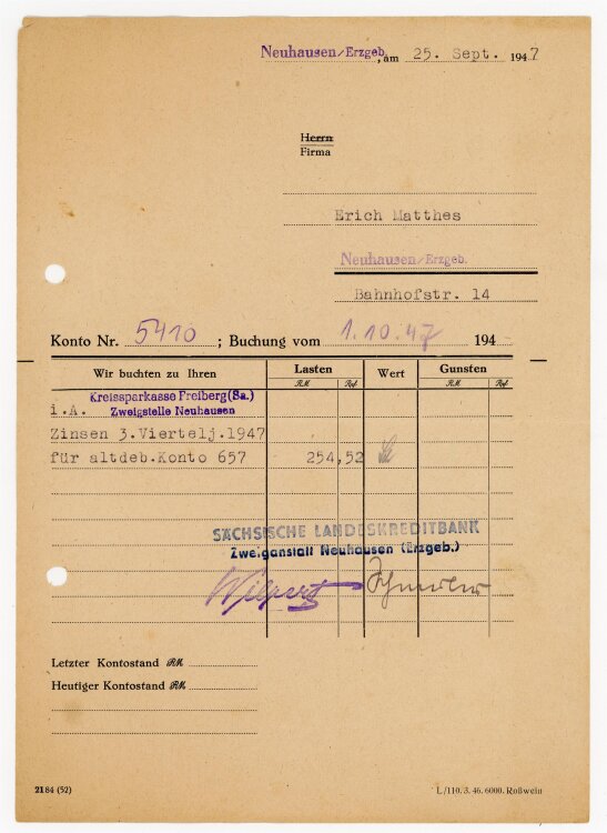 Kreissparkasse (Neuhausen) - Buchung an Erich Matthes (Neuhausen) - 25.9.47