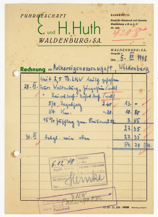 Fuhrgeschäft H. Huth (Waldenburg) - Rechnung an Molkerei-Gen. - 5.12.48