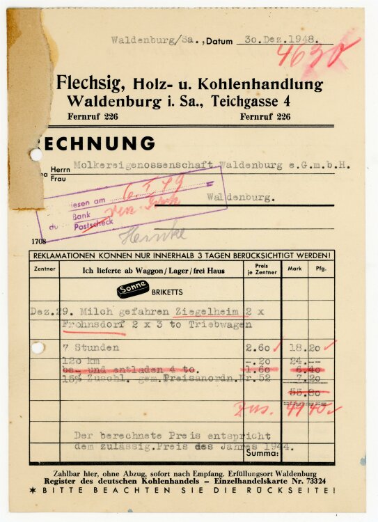 Flechsig Kohlenhandlung (Waldenburg) - Rechnung an Molkerei-Gen. - 30.12.48