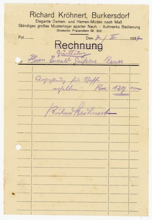 Kröhnert (Burkersdorf) - Rechnung an Bauer E. Geißler - 7.2.37