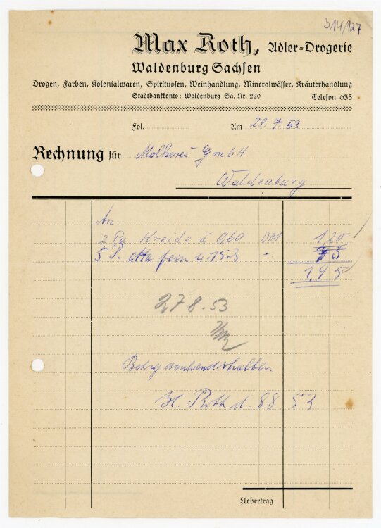 Max Roth Drogerie (Waldenburg) - Rechnung an Molkerei (Waldenburg) - 28.7.53