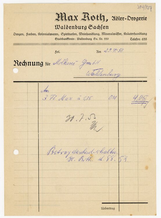 Max Roth Drogerie (Waldenburg) - Rechnung an Molkerei (Waldenburg) - 29.7.53