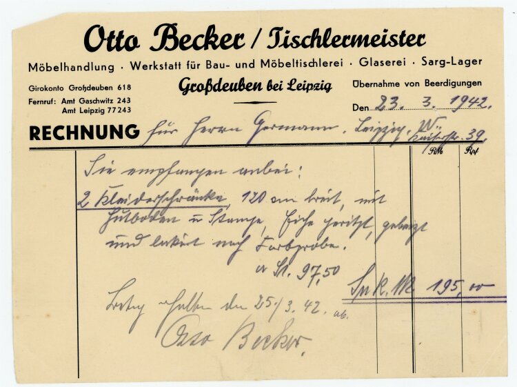 Becker Tischlermeister (Großdeuben) - Rechnung an Germann (Leipzig) - 23.3.42